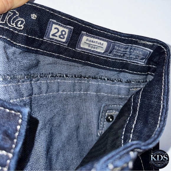 Miss Me Signature Bootcut Jeans Sz 28 — Crystal Front Sequin Cross Back Pockets - Picture 11 of 11